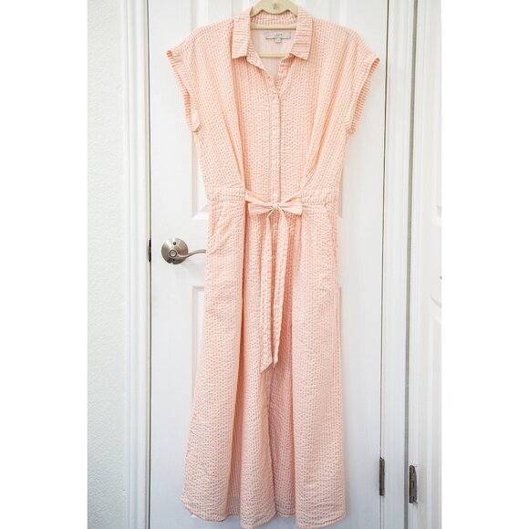 Loft Pink Striped Seersucker Midi Pocket Shirtdress with Pockets, size 12 - Picture 3 of 10